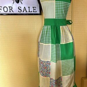 Handmade Patchwork Apron Green & Yellow Cottagecore Neck & Waist tie Vintage